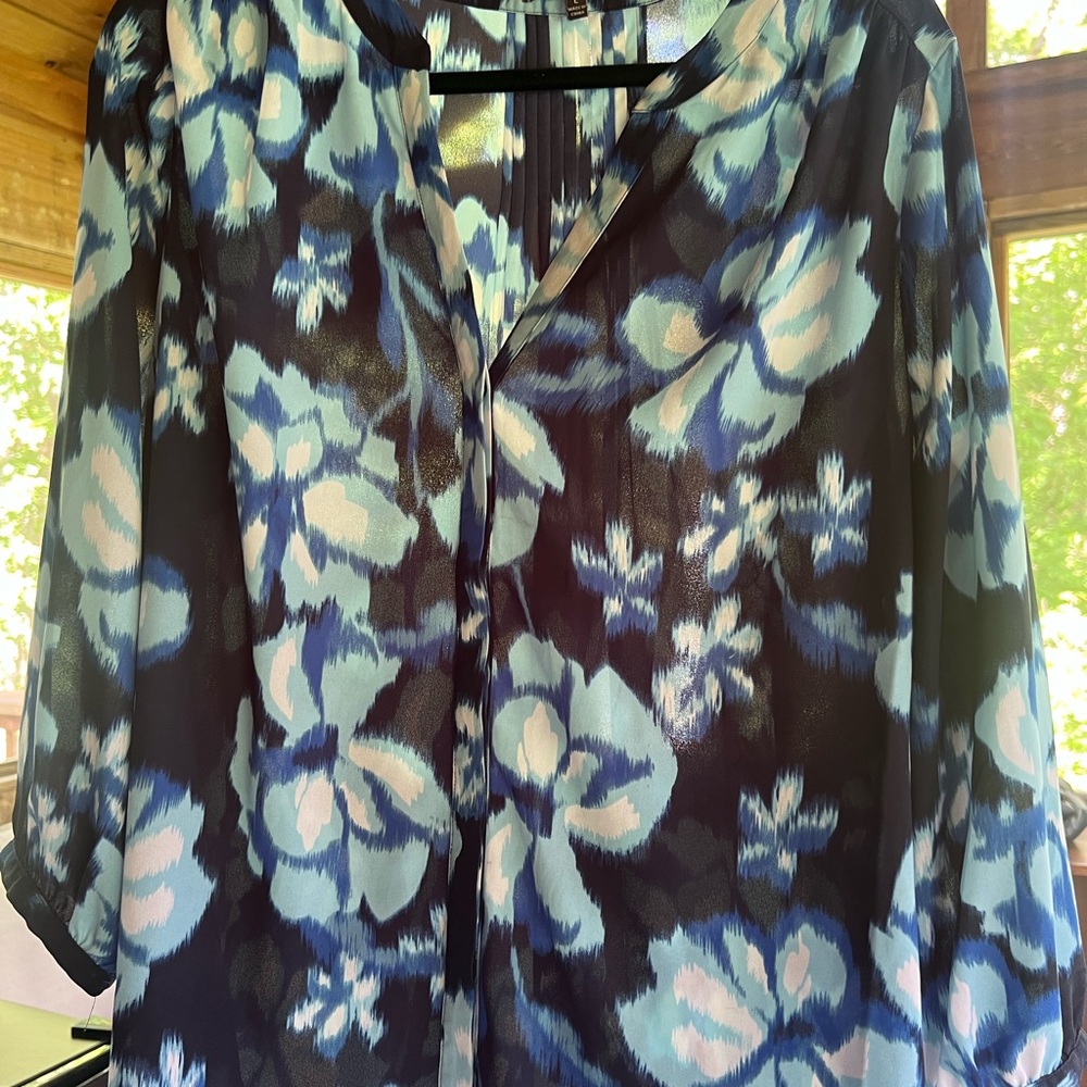 NYDJ Blue Multi Floral V-Neck Blouse